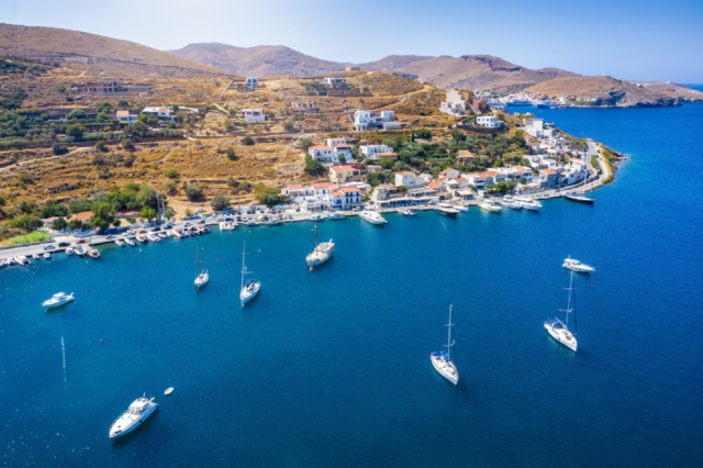 Panoramic view of the small village and sailors marina of Vourkari on the island of Kea Tzia, Cyclades, Greece