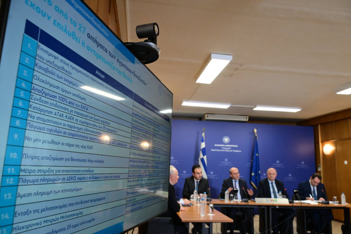 Ανακοίνωση των μέτρων της κυβέρνησης για τους αγρότες από τον αντιπρόεδρο της Κυβέρνησης Κωστή Χατζηδάκη και από τους υπουργούς Αγροτικής Ανάπτυξης και Τροφίμων Κώστα Τσιάρα και Ψηφιακής Διακυβέρνησης Δημήτρη Παπαστεργίου, καθώς και από τον υφυπουργό Εθνικής Οικονομίας και Οικονομικών Θάνο Πετραλιά, Τετάρτη 7 Ιανουαρίου 2026. (ΤΑΤΙΑΝΑ ΜΠΟΛΑΡΗ/EUROKINISSI)
