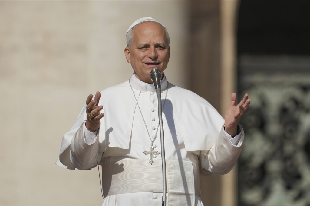 Pope Leo XIV arrives for the canonization Mass of Carlo Acutis and Pier Giorgio Frassati in St. Peter's Square at the Vatican Sunday, Sept. 7, 2025. (AP Photo/Andrew Medichini)