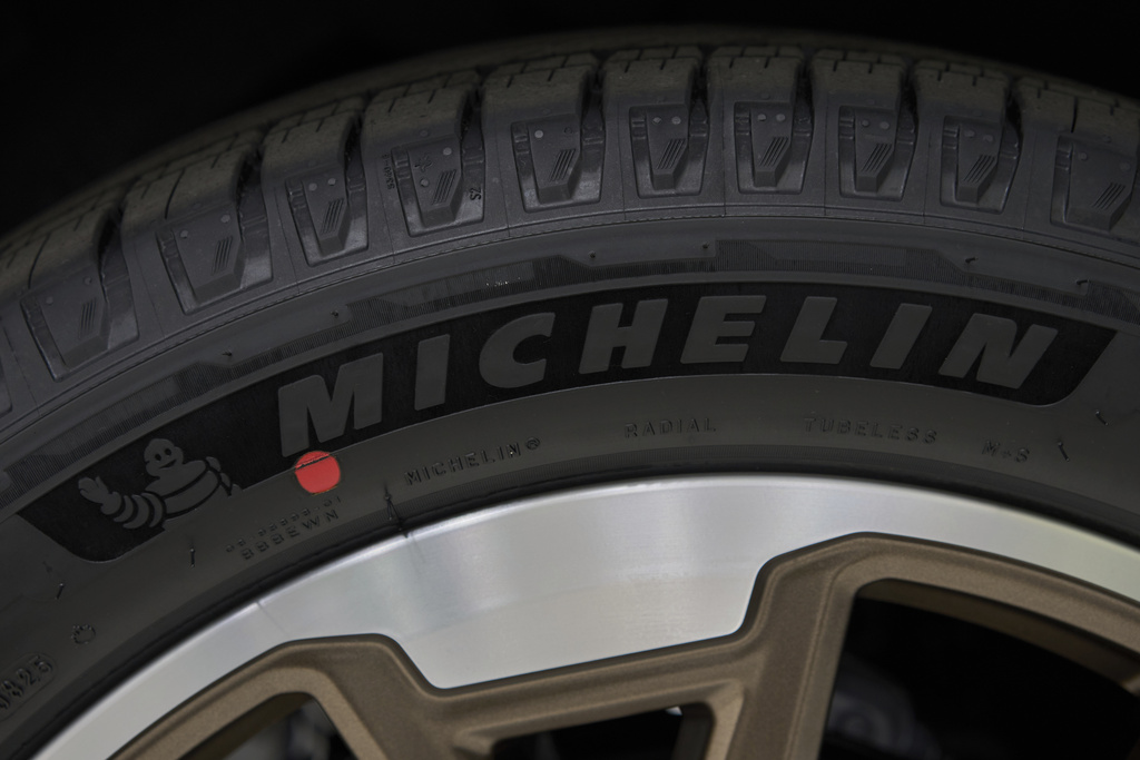 A Michelin tire is seen during a media tour at the Ford Motor Company Kentucky Truck Plant to launch the 2025 Ford Expedition, Wednesday, April 30, 2025, in Louisville, Ky. (AP Photo/Carolyn Kaster)